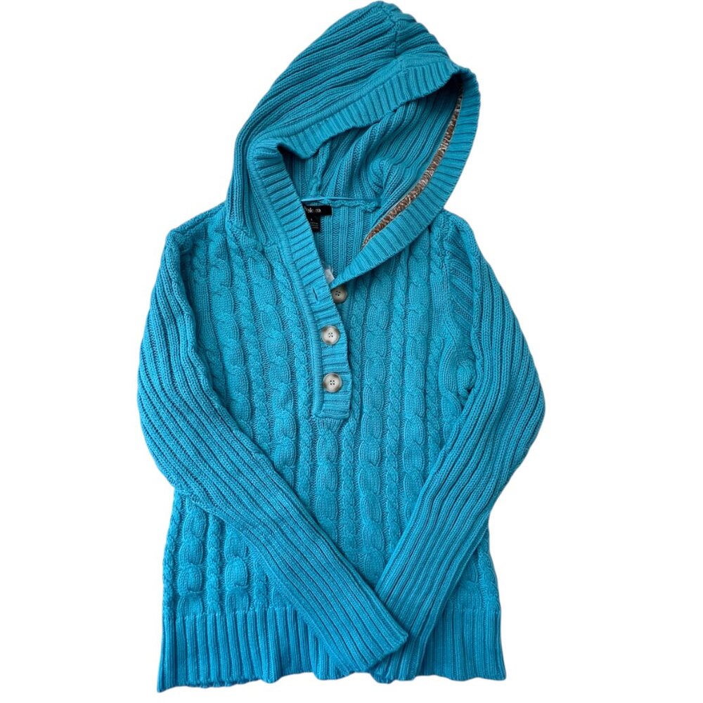 Style & Co. Women Cable-Knit Hooded Thick Sweater Turquoise/Aqua Sea Size Large